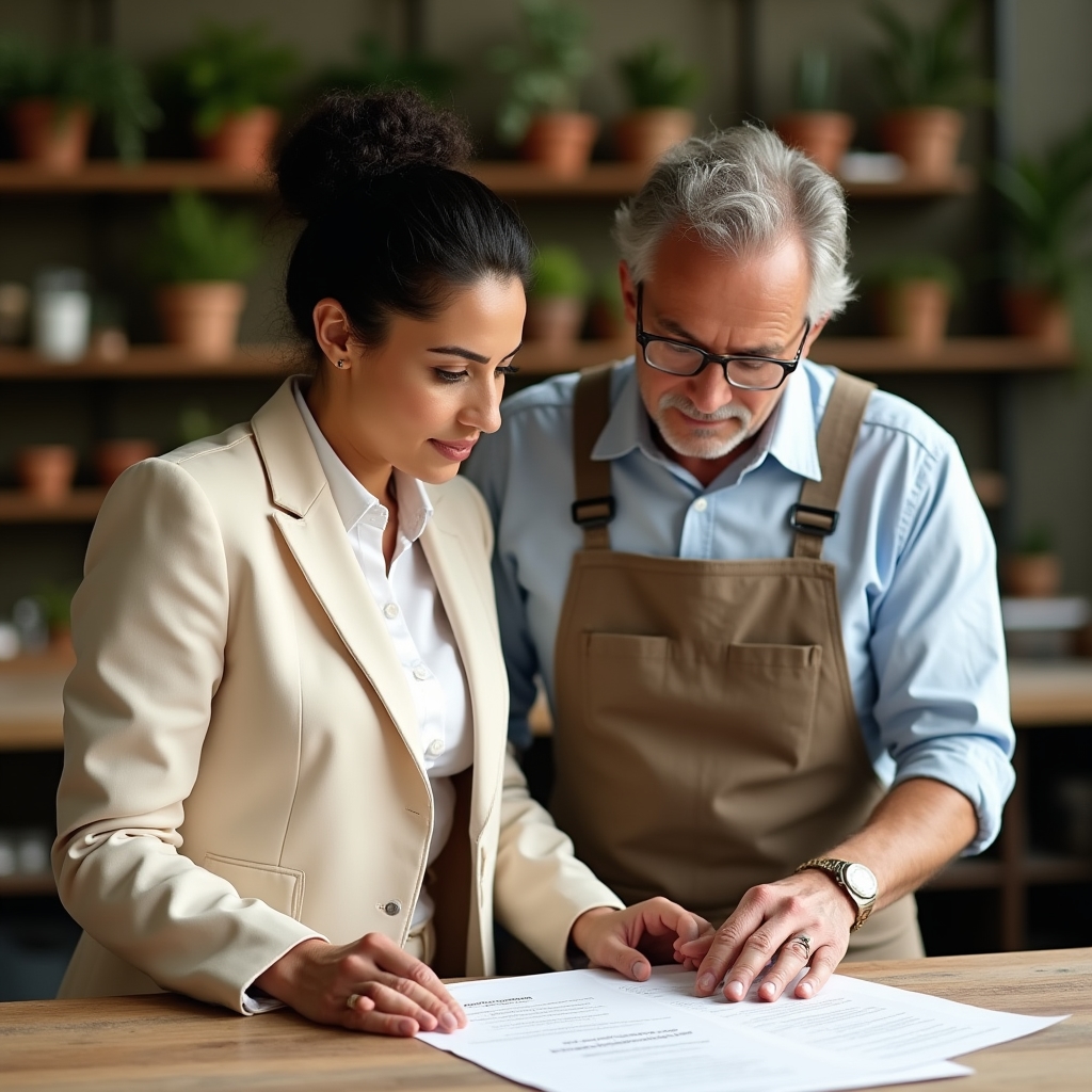 Consulente che discute con un artigiano nel suo laboratorio